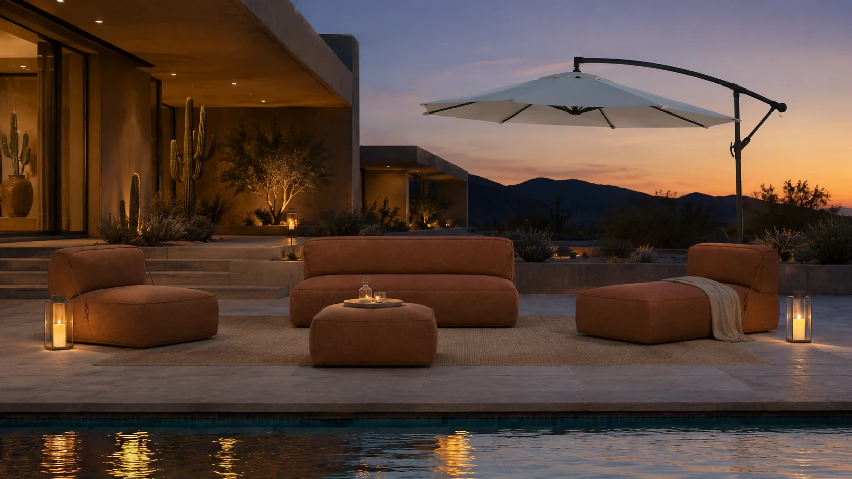 Ombrelone Nuvra em ambiente externo junto à piscina